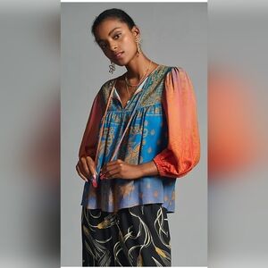 Farm Rio Puff Sleeve Blouse With Beaded Tassels